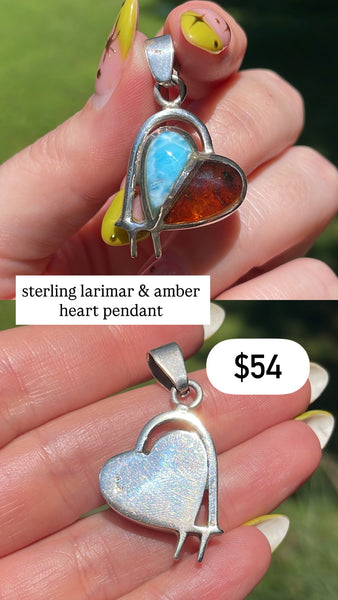RESERVED PRIVATE LISTING -- sterling silver amber & larimar heart pendant C27