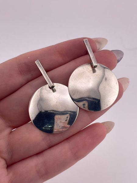 sterling silver 1-5/8" Mexican stoneless disc post dangle earrings