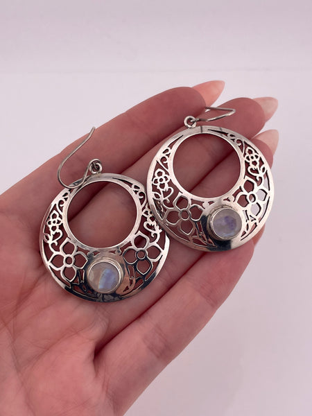 sterling silver faceted rainbow moonstone cut-out flower design hook dangle earrings