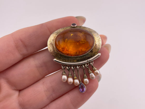 sterling silver gold wash amber, amethyst, & pearl fringe brooch / pendant
