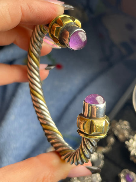 sterling silver & brass heavy cable twist amethyst cuff bracelet