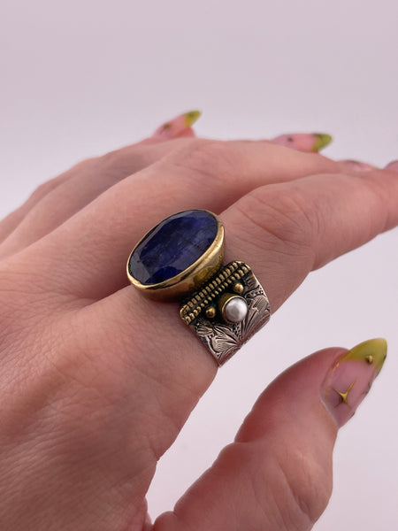 size 8.75 sterling silver & brass kyanite pearl flower band ring