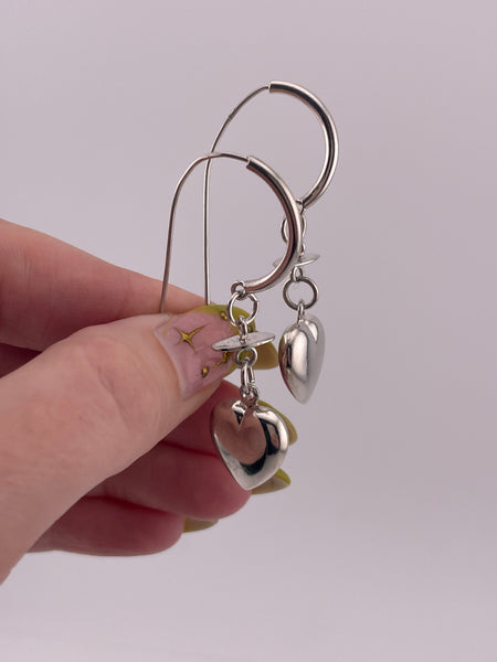 sterling silver stoneless threader puffy heart dangle earrings