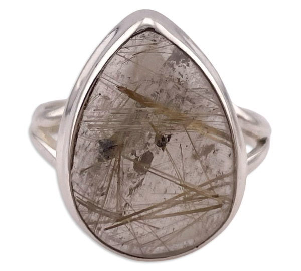 size 7.75 sterling silver pear shape rutilated quartz ring