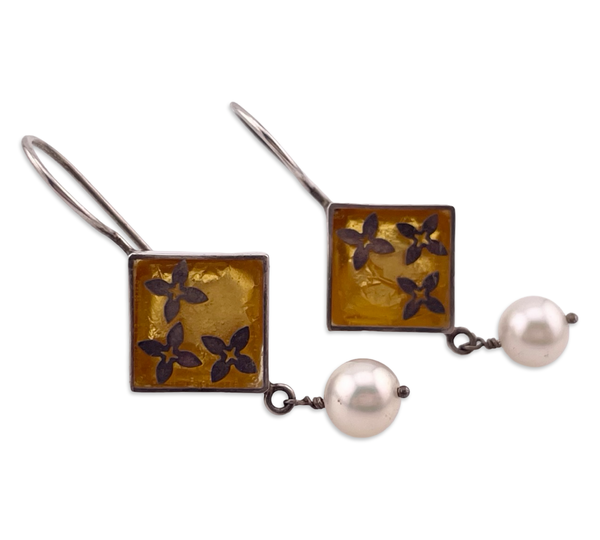 sterling silver Varga pearl flower gold leaf resin hook earrings