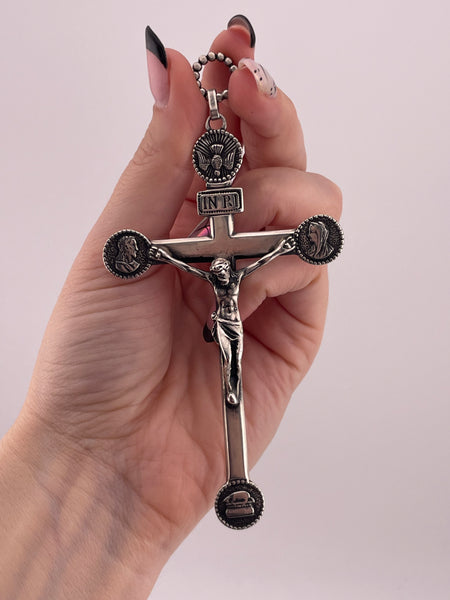 sterling silver large Parenti Sisters engraved bishop's crucifix cross pendant