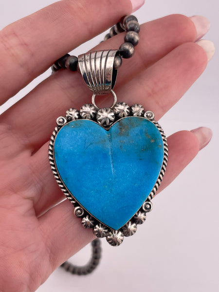 sterling silver 24" Alfred Martinez carved turquoise heart pendant pearl strand necklace