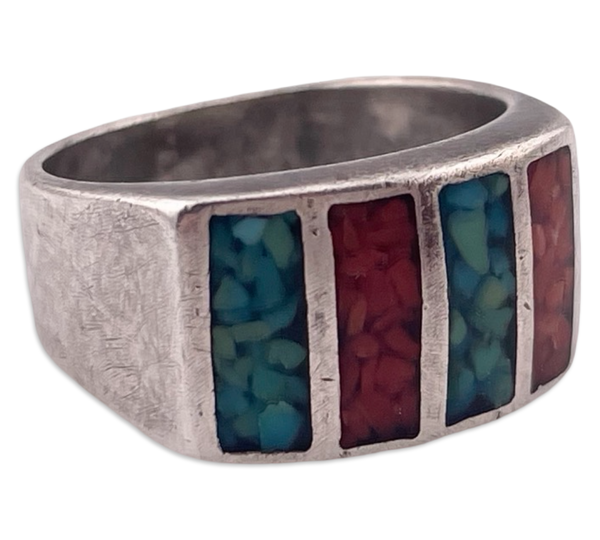 size 9.5 sterling silver crushed turquoise coral ring