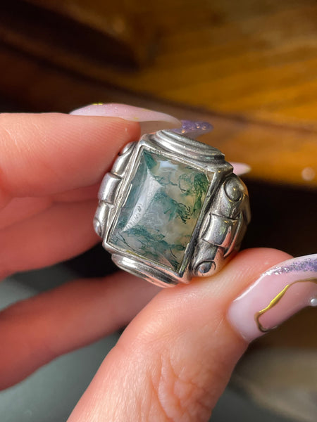 size 9.5 sterling silver Art Deco moss agate ring