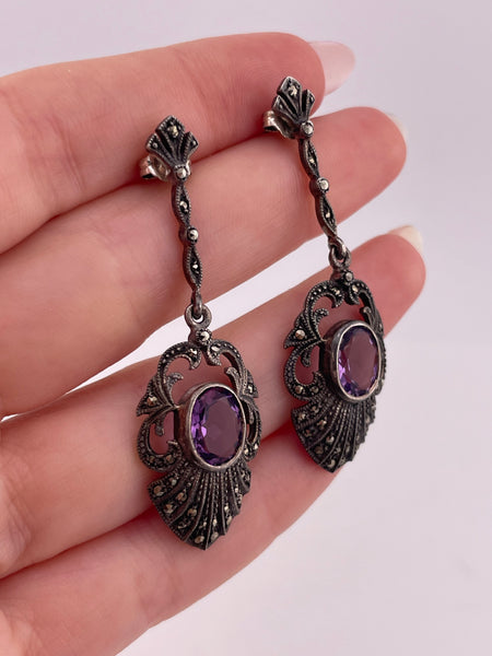 sterling silver marcasite & faceted amethyst pendulum post dangle earrings