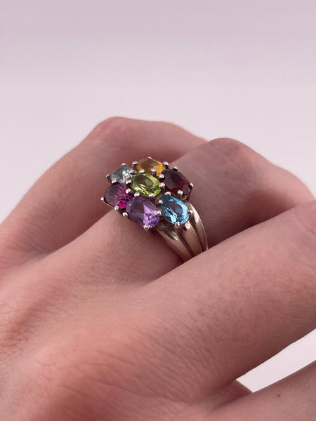 size 7.25 sterling silver faceted colorful multi-gemstone ring