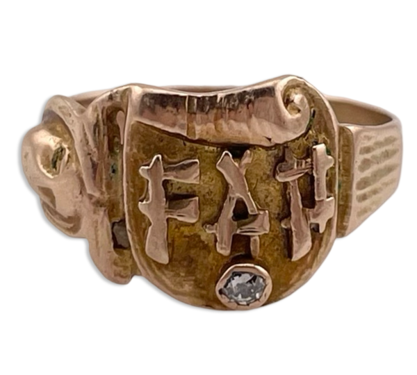 size 7.5 14k yellow gold diamond 'FAP' initials face scroll ring