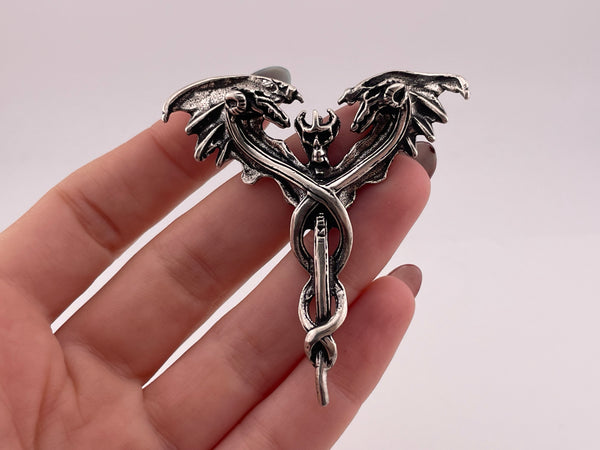 sterling silver skull sword staff serpents wings pendant