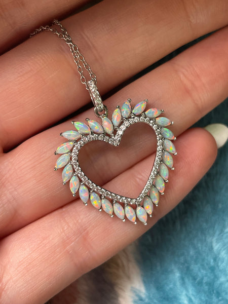 sterling silver lab opal CZ heart pendant necklace