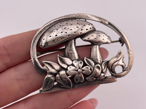 sterling silver mushroom flower brooch pin
