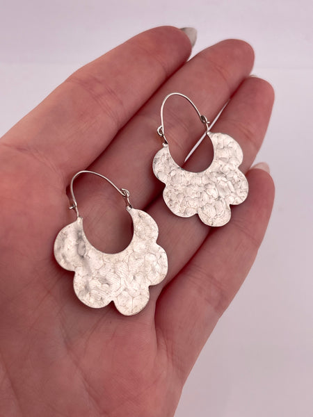 sterling silver hammered flat flower hoop earrings