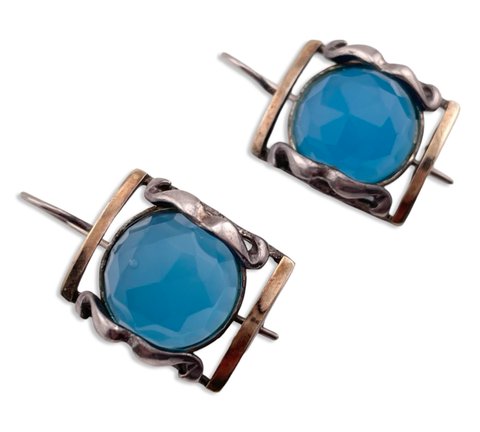 sterling silver & 14k gold faceted blue glass lever-back hook dangle earrings