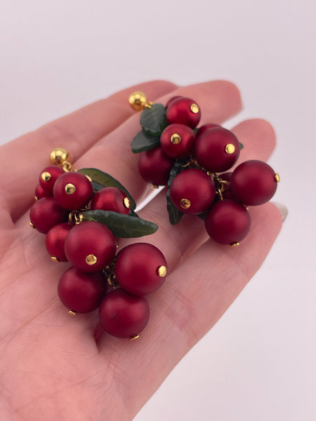 costume gold tone red grape fruit post dangle earrings
