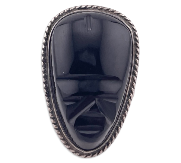 size 6.25 sterling silver rhodium plated carved black onyx face ring