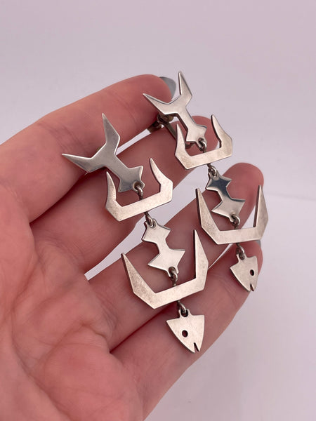 sterling silver 2-3/8" Taxco Mexico fishbone screw-back earrings ***Non-Sterling Screw-Backs***