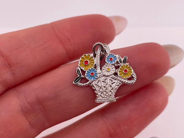 sterling silver rhodium plated basket of flowers pendant