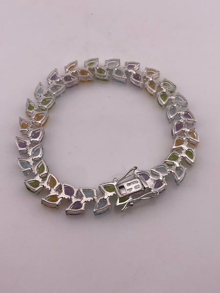 sterling silver faceted multi-gemstone link bracelet