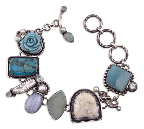 sterling silver 7-1/8" to 8-3/8" multi-stone mermaid link bracelet