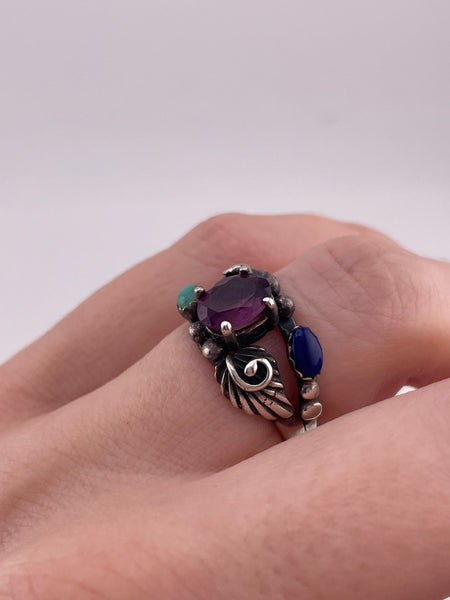 size 6 sterling silver faceted purple glass turquoise lapis ring