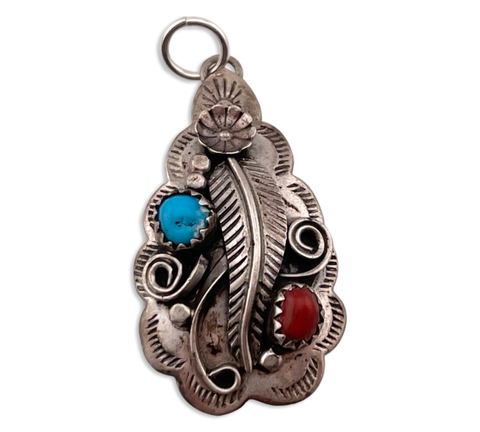 sterling silver turquoise & coral pendant