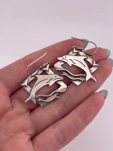 sterling silver dolphin hook dangle earrings