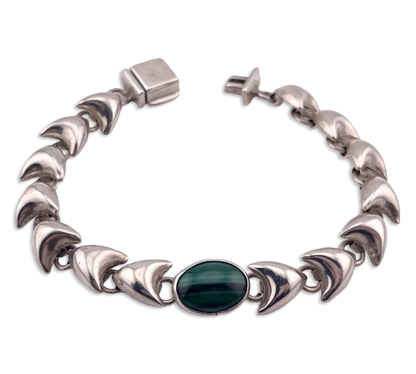 sterling silver 7-1/4" Mexican malachite link bracelet