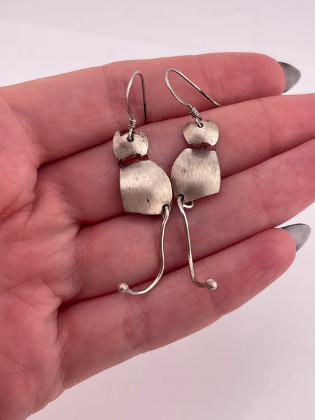 sterling silver brushed textured cat hook dangle earrings