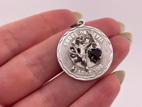 sterling silver rhodium plated "Angel of Devil I Love You" plastic heart pendant