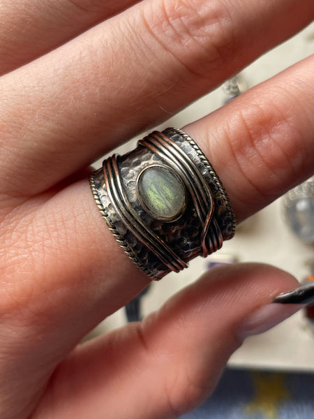 size 8.5 sterling silver, copper, brass labradorite textured wide band ring