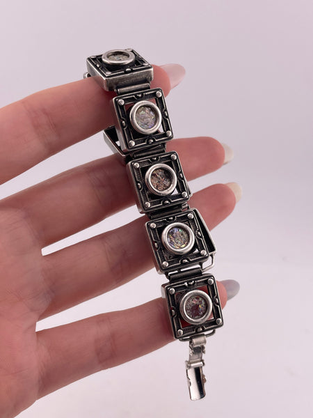 sterling silver heavy Roman glass panel link bracelet
