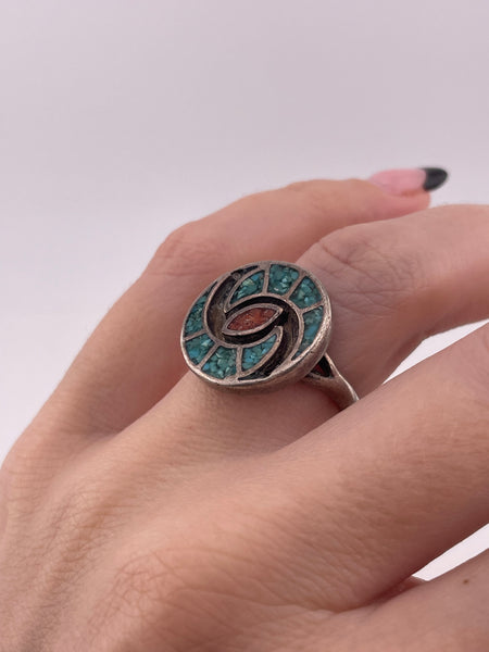 size 7.5 sterling silver crushed turquoise coral hummingbird pattern ring