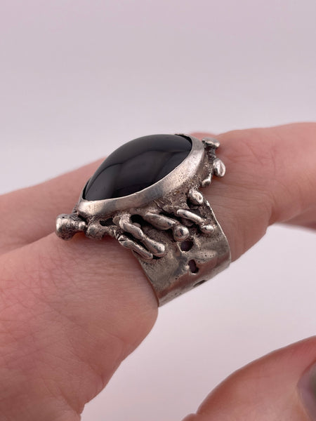 size 7.75 sterling silver dark agate brutalist artisan ring