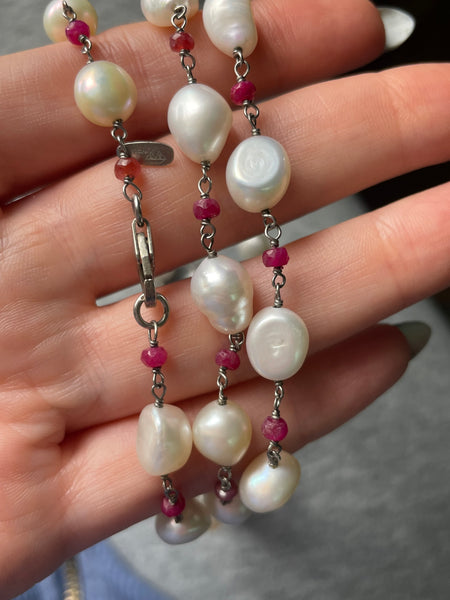 sterling silver 37" pearl faceted spinel necklace