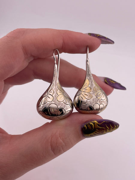 sterling silver & gold plated stoneless flower jug dangle earrings **AS IS**
