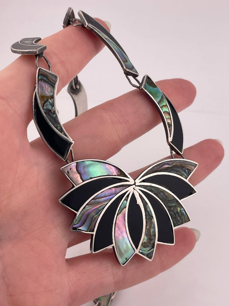 sterling silver Mexican onyx & abalone necklace **AS IS**