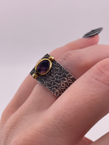 size 7 sterling silver & brass designer Bora faceted amethyst high profile ring