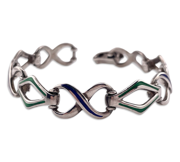 sterling silver 7" green & blue enamel link bracelet