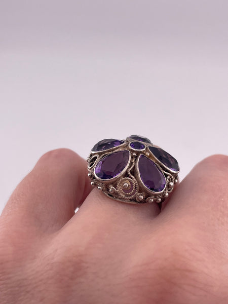 size 6.5 sterling silver faceted amethyst flower squiggle swirl ring