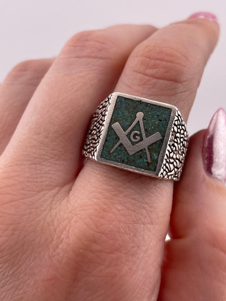 size 10.75 sterling silver crushed turquoise Masonic ring
