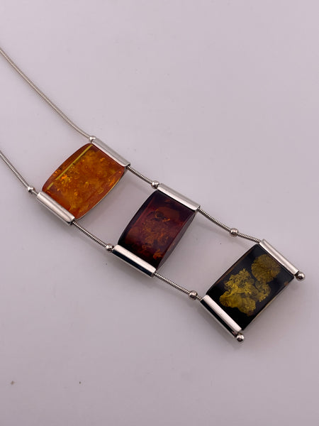 sterling silver 22-3/4" tri-color amber pendant necklace