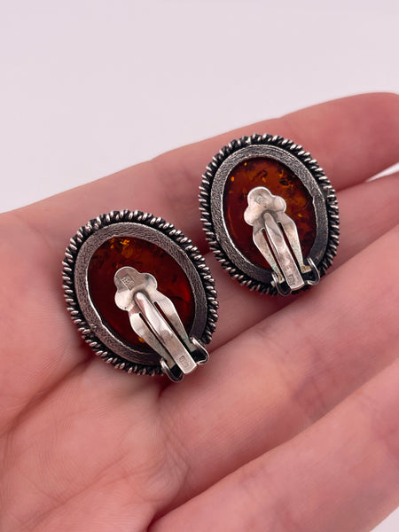 sterling silver oval rope design amber clip-on earrings