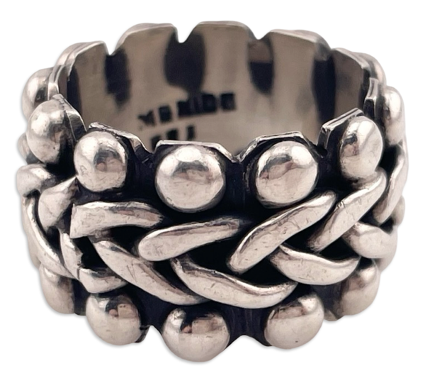 size 8.75 sterling silver chunky stoneless Mexican wide band chain ball ring