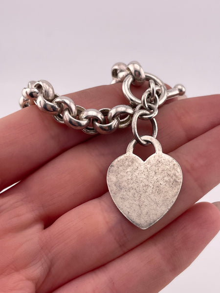 sterling silver 8-1/4" 8mm cable rolo chain link heart tag toggle bracelet