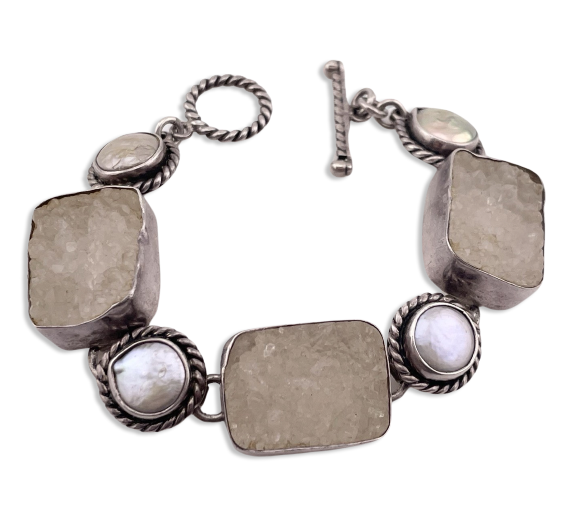 sterling silver 7 1/2" designer Echo of the Dreamer druzy quartz pearl t-bar toggle link bracelet
