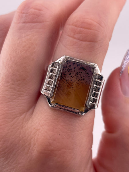 size 11 sterling silver rhodium plated Art Deco Montana agate ring
